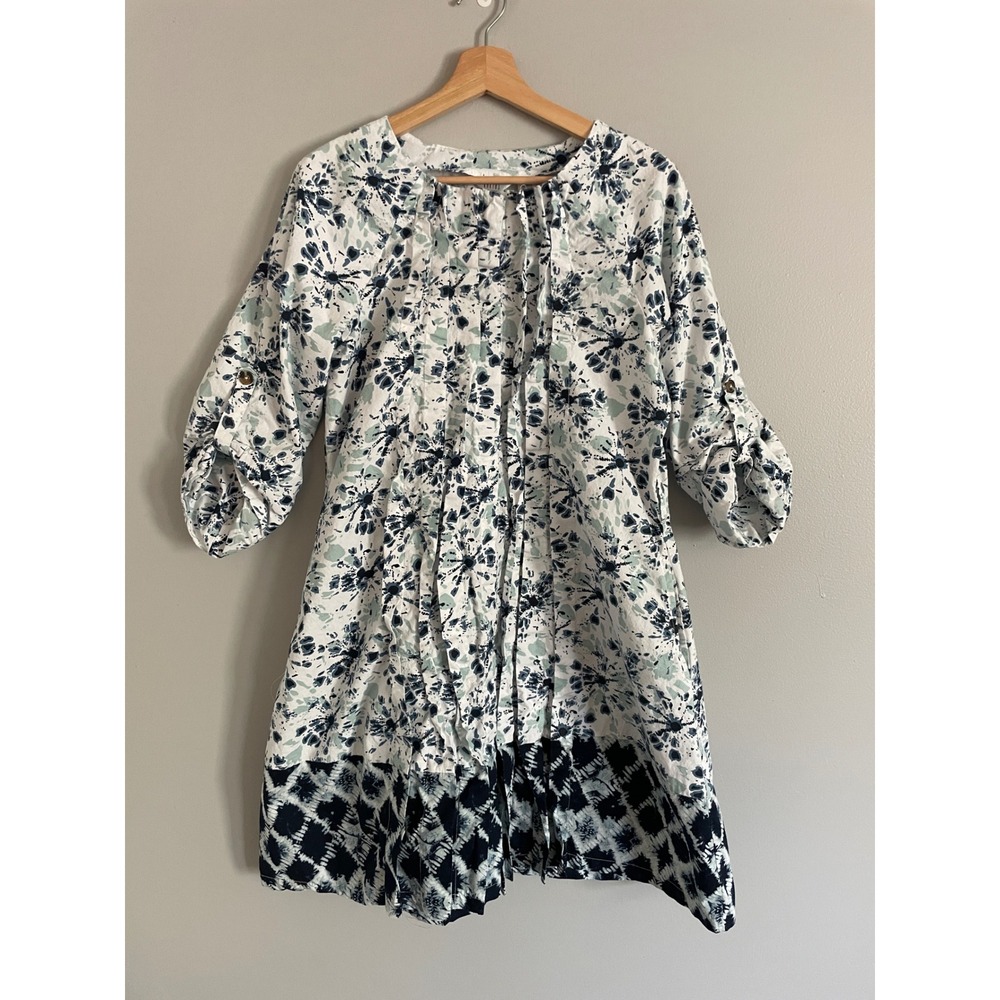 Kaktus Tunic Dress Womens Large Blue White Tie Dye Floral Roll Tab Boho Pocket